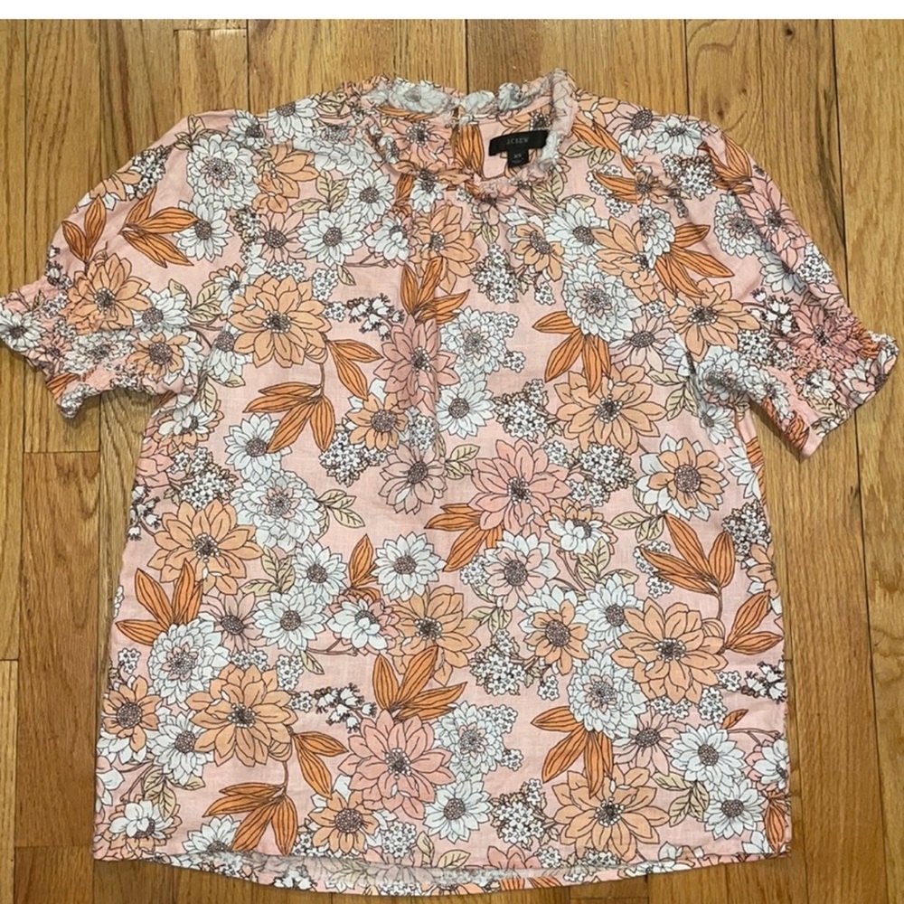 J. Crew Smocked Puff Sleeve Linen Top Zinnia Floral Print Size XS EUC